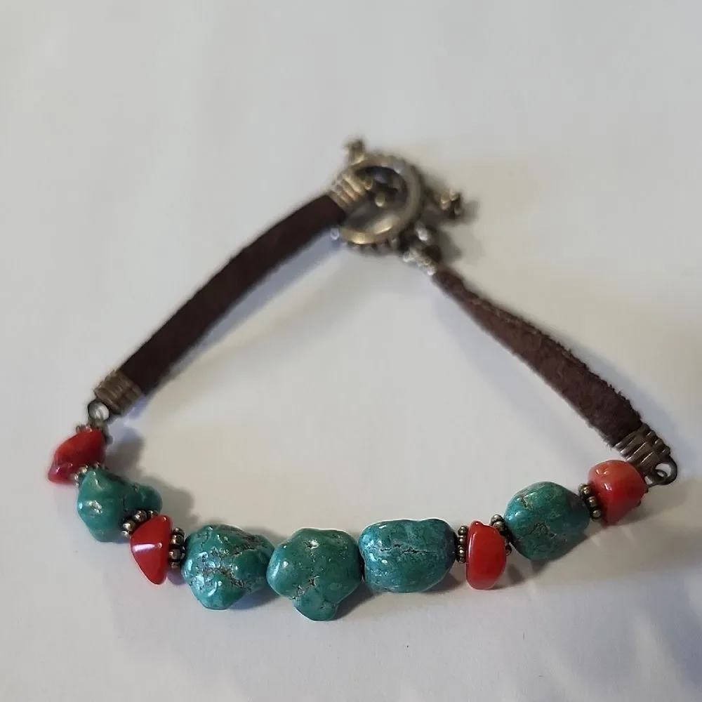 Turquoise And Coral Leather Beaded Bracelet With Sterling Clasp 925 Spacer Beads